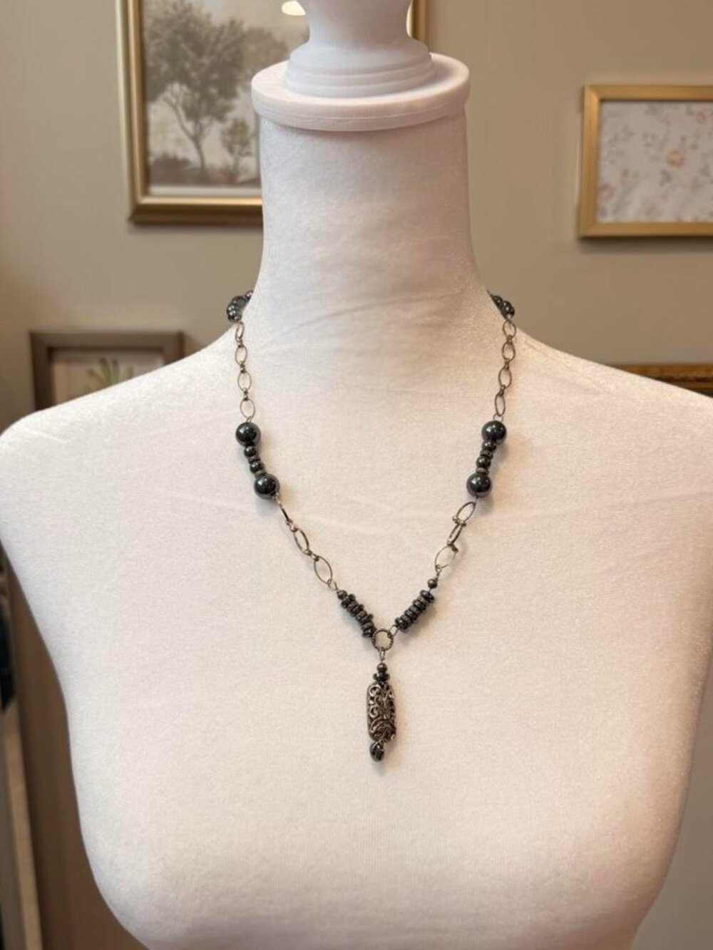 Y2K Hematite-Style Beaded Pendant Necklace